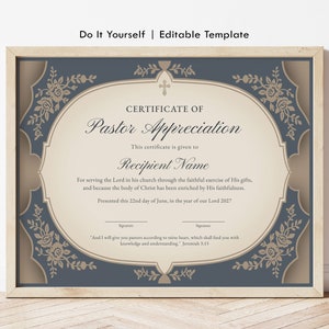Editable Pastor Appreciation Certificate Pastor Certificate Of Appreciation Printable Appreciation Pastor Anniversary Gift Certificate, 224