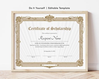 Certificate of Scholarship EDITABLE Scholarship Award Certificate Template, Printable Scholarship Custom Certificate Digital Download Jet144