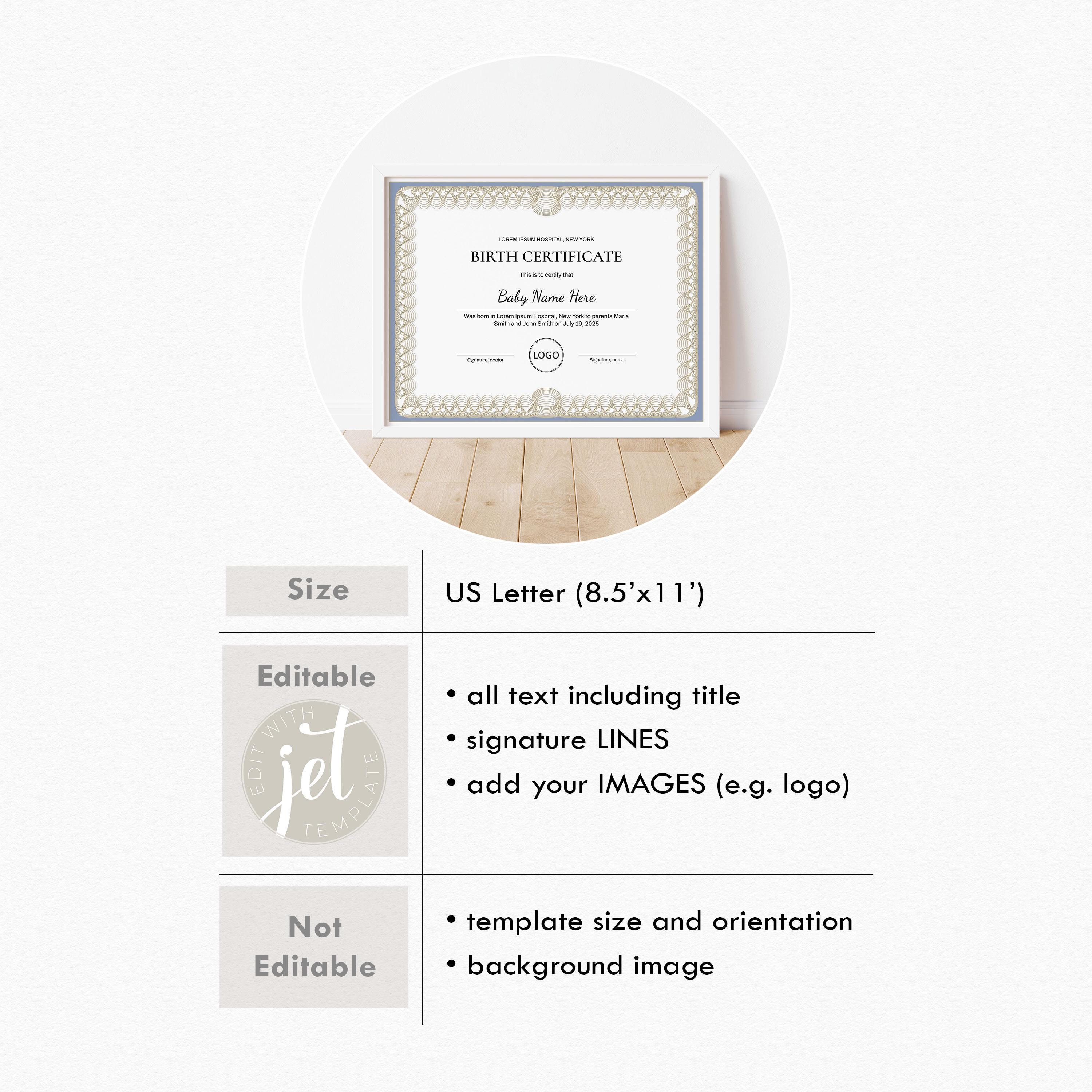 Birth Certificate Template EDITABLE Certificate of Birth Baby Boy Gift