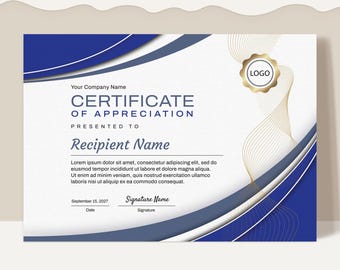 Modern Blue Certificate of Appreciation Printable Appreciation Award Certificate Template Elegant Editable Certificate Award Download Jet058
