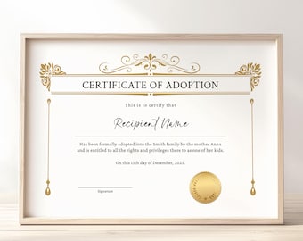 Certificat d&#39;adoption dans notre famille, modèle de certificat d&#39;adoption de beaux-parents modifiable et imprimable, certificat-cadeau de belle-mère à télécharger 150