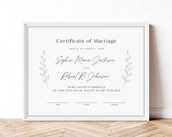 Certificate of Marriage Keepsake Editable Wedding Certificate Template Wedding Gift Minimalist Wedding Keepsake Digital Download Jet085