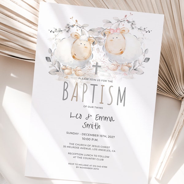 Twins Baptism Invitation Template, Editable Printable Baby Baptism Invite, Lamb, Boy Girl Dedication Christening Template Download Jet136