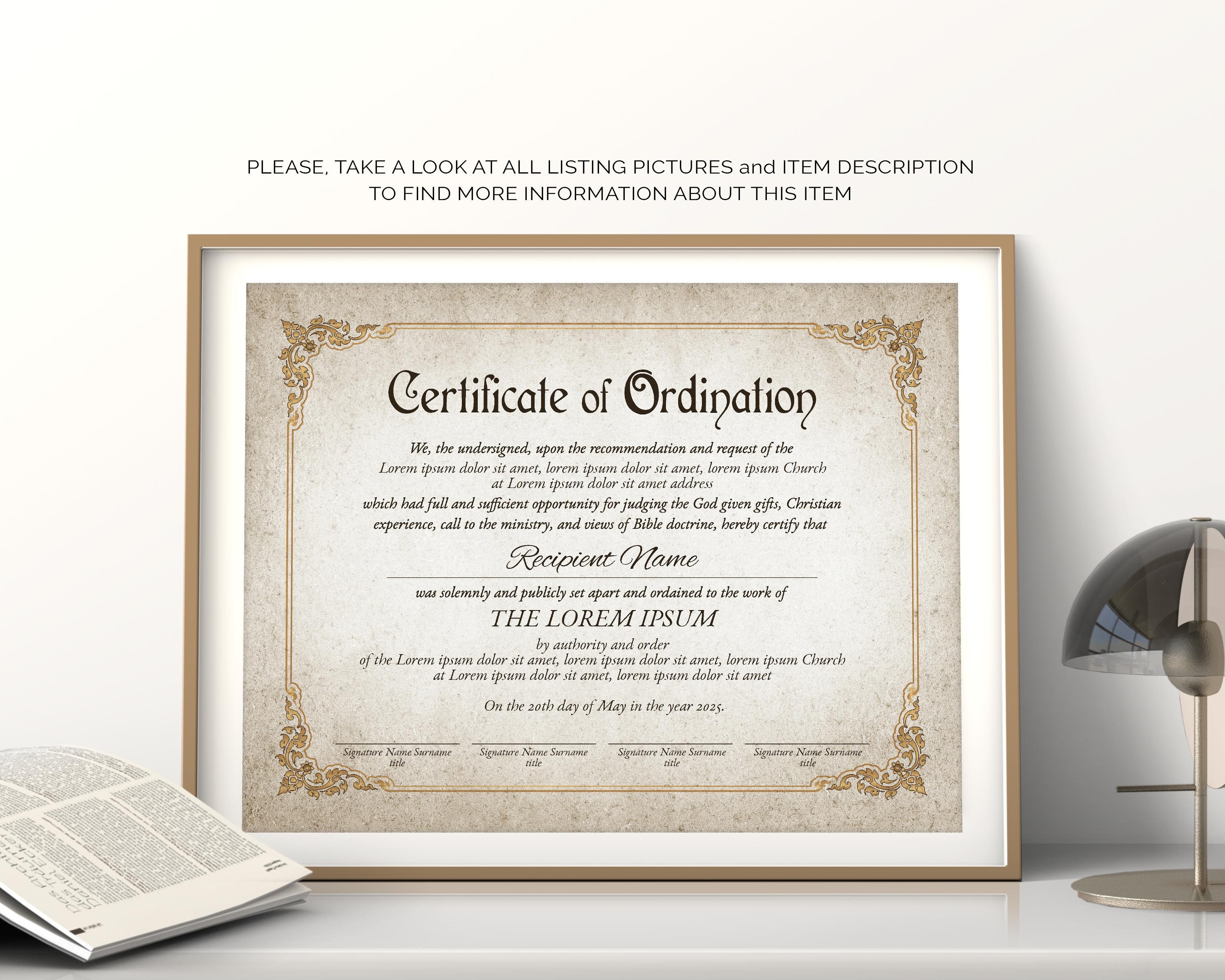 Vintage Certificate of Ordination, Editable Ordained Minister Certificate  Template, 22 Signatures, Printable Ordination Certificate Download Inside Ordination Certificate Template