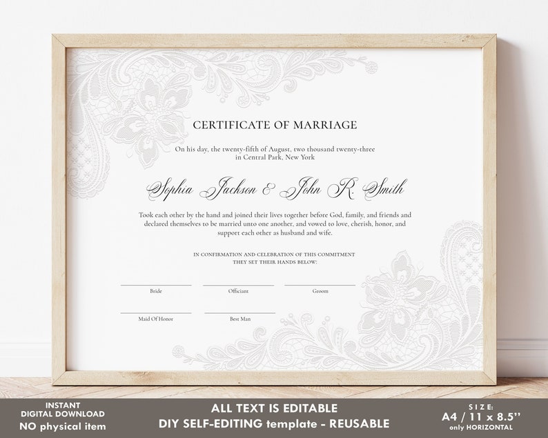 Editable Certificate of Marriage Wedding Keepsake Certificate Etsy