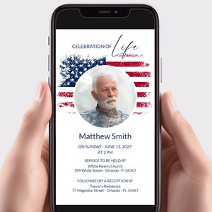 Electronic Veteran Funeral Announcement American Flag Military Memorial Celebration of Life EDITABLE Smartphone Invite Digital Download 009