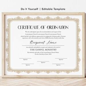 Editable Ordained Minister Certificate Template, Elegant Certificate of Ordination, Credential of Ministry Certificate Download, Jet220
