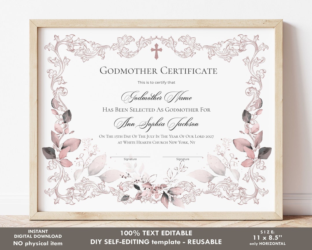 Editable Godmother Certificate Template, Printable Baptism Certificate Editable Godmother Certificate Template, Printable Baptism Certificate