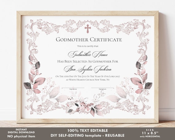 Editable Godmother Certificate Template Printable Baptism Etsy