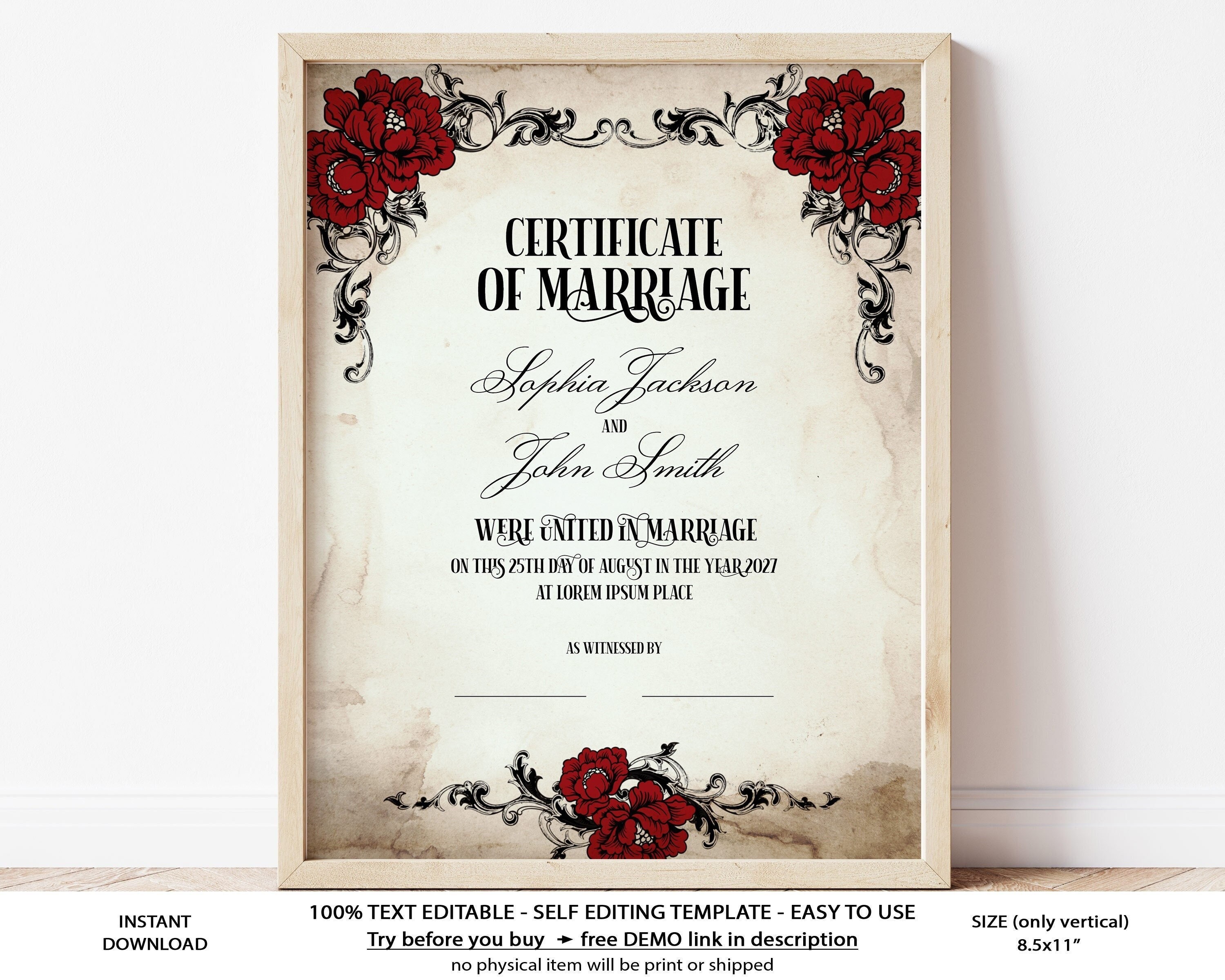Gothic Wedding Editable Certificate Template Printable Marriage Certificate  Gothic Wedding Gift Certificate Template Instant Download Jet22 Throughout Certificate Of Marriage Template