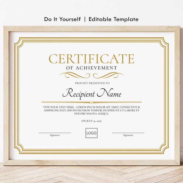 Editable Achievement Certificate Template, Employee Appreciation Award Certificate, Minimalist Gift Certificate Digital Download Jet229