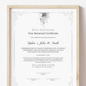 Certificado de renovación de votos por 25 años de matrimonio (plantilla editable) Recuerdo del 25.º aniversario (renovación de votos) Descargar 347