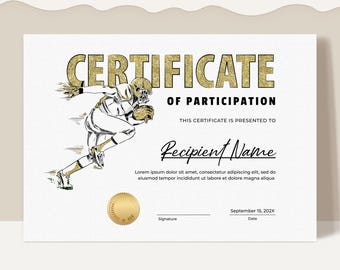American Football Certificate Template Sports Certificate Award EDITABLE Printable Football Award Certificate Gold Digital Download, Jet161