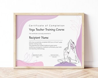 Yoga Teacher Training Certificate of Completion Template, Yoga Studio Achievement, Yoga Participation Award, Yoga Student Gift, Jet358