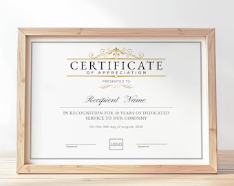 Certificate of Appreciation, Editable Employee Appreciation Certificate Template, Years of Service Corporate Award Digital Download, Jet046