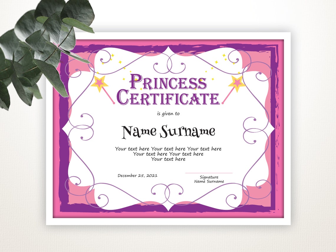 Princess Certificate Template EDITABLE Certificate Template | Etsy