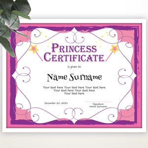 Princess Certificate Template EDITABLE Certificate Template | Etsy