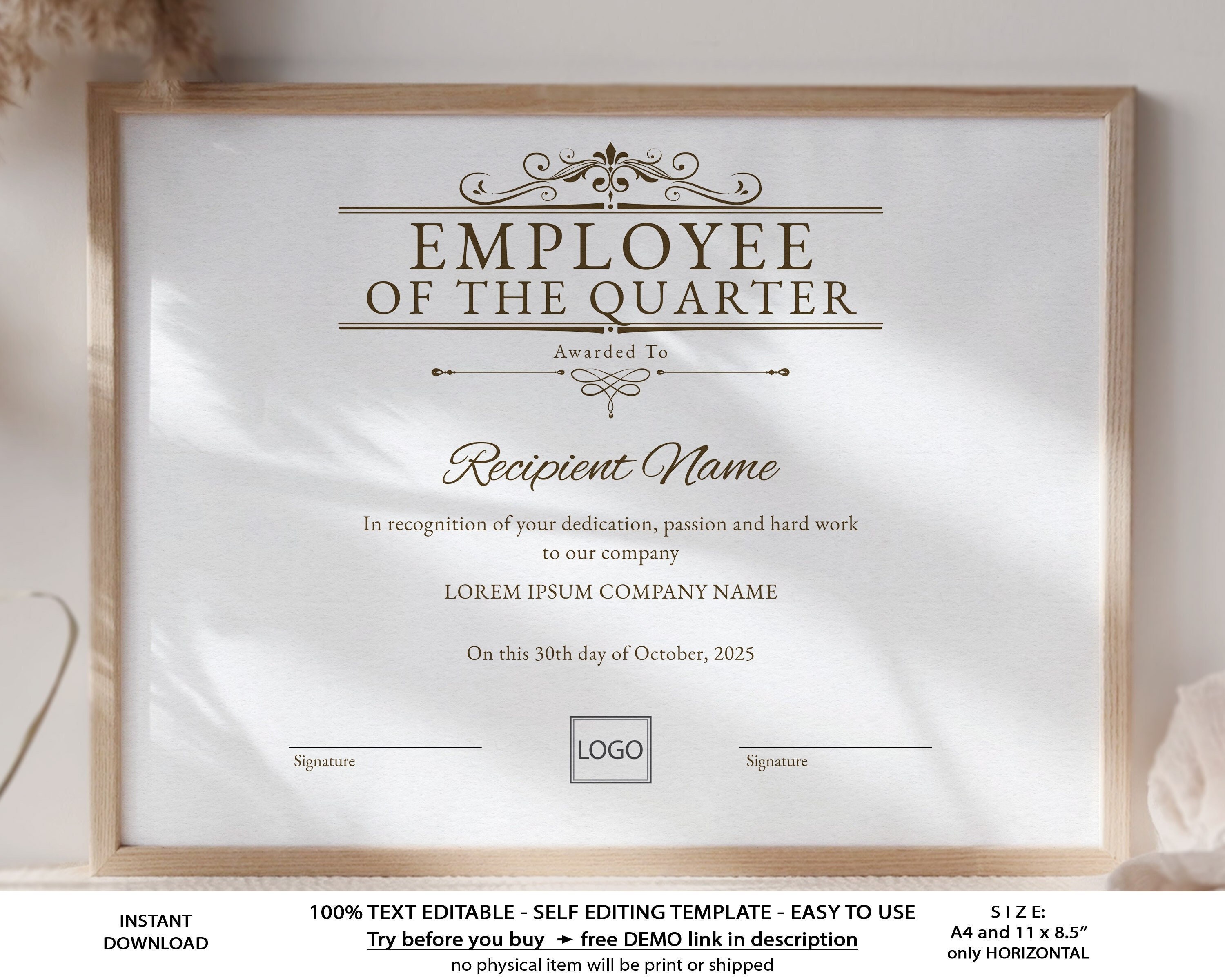 Editable Employee Of The Quarter Certificate Template Etsy