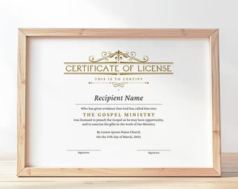 Editable License to Preach Template, Printable Certificate of License, Minister&#39;s License, Elegant Certificate Template Download Jet021