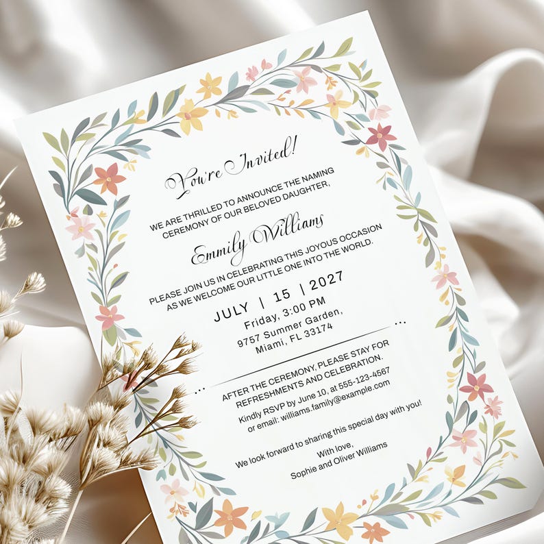 Baby Naming Ceremony Invitation Template Editable Printable Naming Ceremony Invite Naming Day Invitation Cute Floral Frame Download