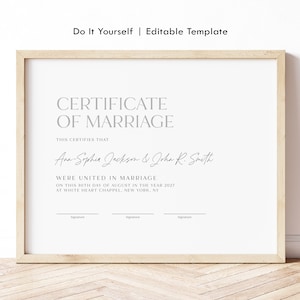 Minimalistische Hochzeitszertifikatsvorlage, bearbeitbare Heiratsurkunde, modernes Hochzeitsandenken-Zertifikat Digitaler Download Jet208