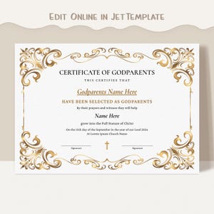 Bewerkbare peetouders certificaatsjabloon, meter peetvader afdrukbaar doopcertificaat elegante gouden cadeaubon downloaden Jet310