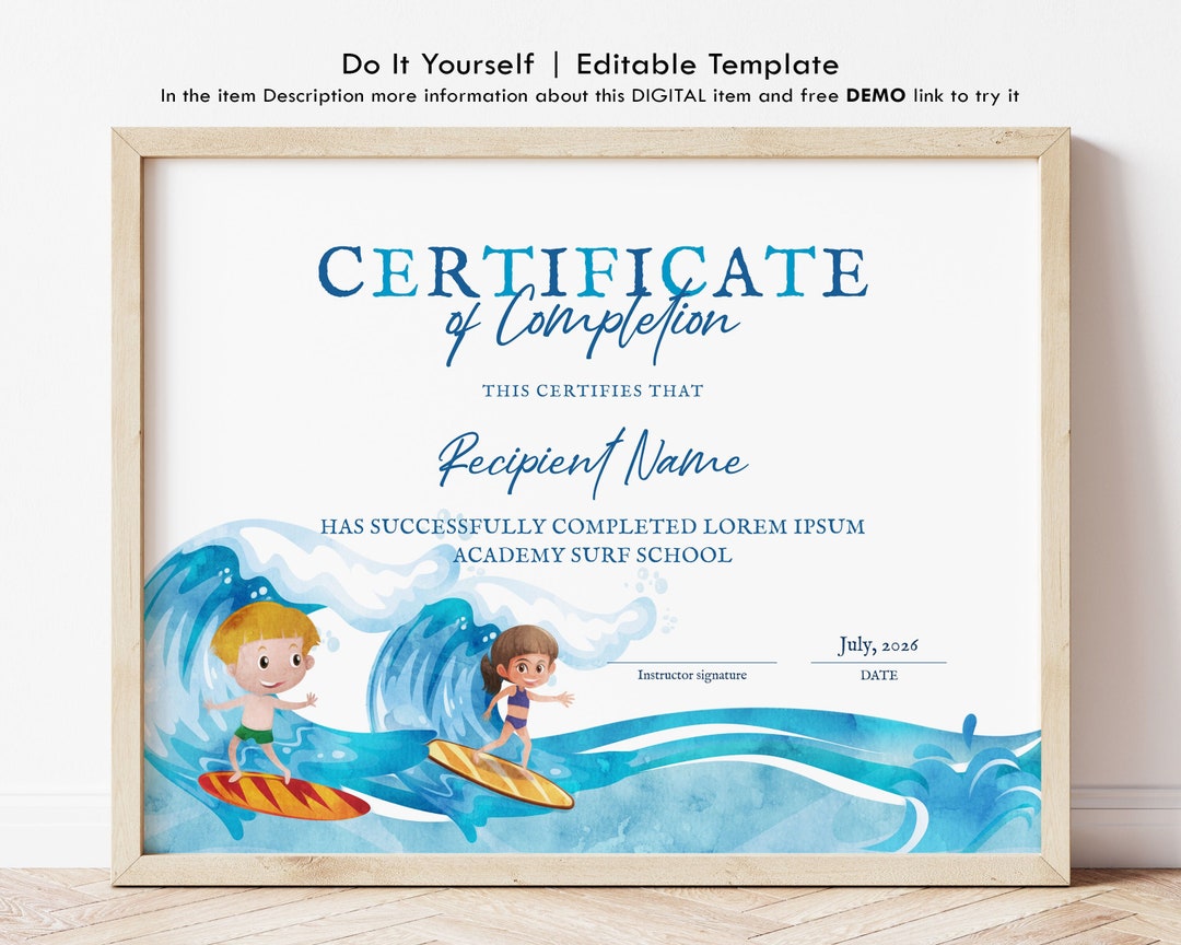 EDITABLE Surf Certificate Template Surf School Award for Etsy