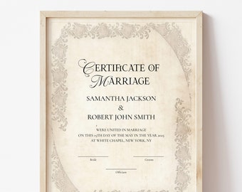 Vintage Wedding Keepsake Certificate Template, Editable Printable Certificate of Marriage Keepsake, Wedding Gift Certificate Download Jet120