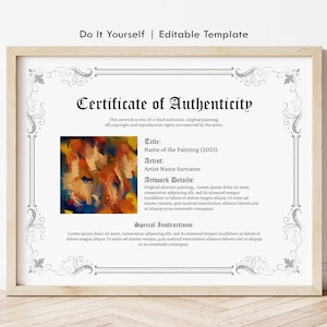 Certificate of Authenticity, Editable Authenticity Certificate Template, Authenticity for Artwork Insert Photo, COA Template Download Jet184
