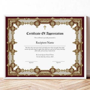 Editable Appreciation Certificate Template, Printable Vintage Church Certificate of Appreciation, Bible Verse Isaiah 40:31 Download, Jet257