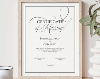 Editable Wedding Certificate Template Printable Elegant Certificate of Marriage Keepsake Wedding Personalized Gift  Digital Download Jet043