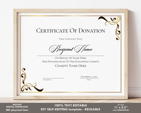 Editable Certificate of Donation Template Printable Charity - Etsy