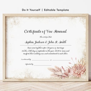 Huwelijksverjaardag gelofte verlenging certificaatsjabloon, huwelijksaandenken certificaat, Boho rustieke gelofte verlenging cadeaubon downloaden 062