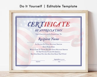Certificado de apreciación del servicio militar Certificado de veterano de la bandera estadounidense Certificado de jubilación del Día del Patriota Descarga digital Jet159