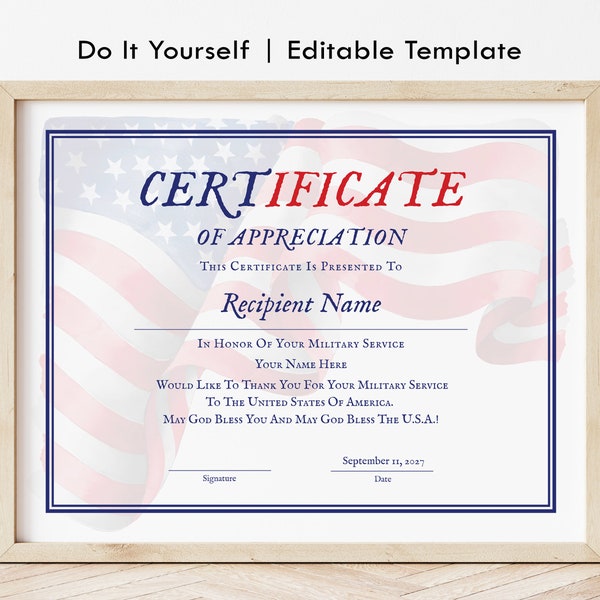 Military Service Appreciation Certificate American USA Flag Veteran's Certificate Patriot Day Retirement Certificate Digital Download Jet159