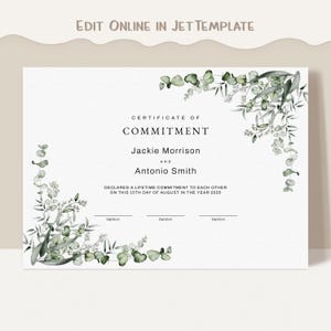 Commitment-Bescheinigung, bearbeitbare druckbare Zertifikatvorlage, Hochzeitsgeschenk, Heiratsurkunde, Hochzeitsandenken-Download, Jet050