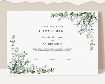 Certificate of Commitment, Editable Printable Certificate Template, Wedding Gift, Marriage Certificate, Wedding Keepsake Download, Jet050
