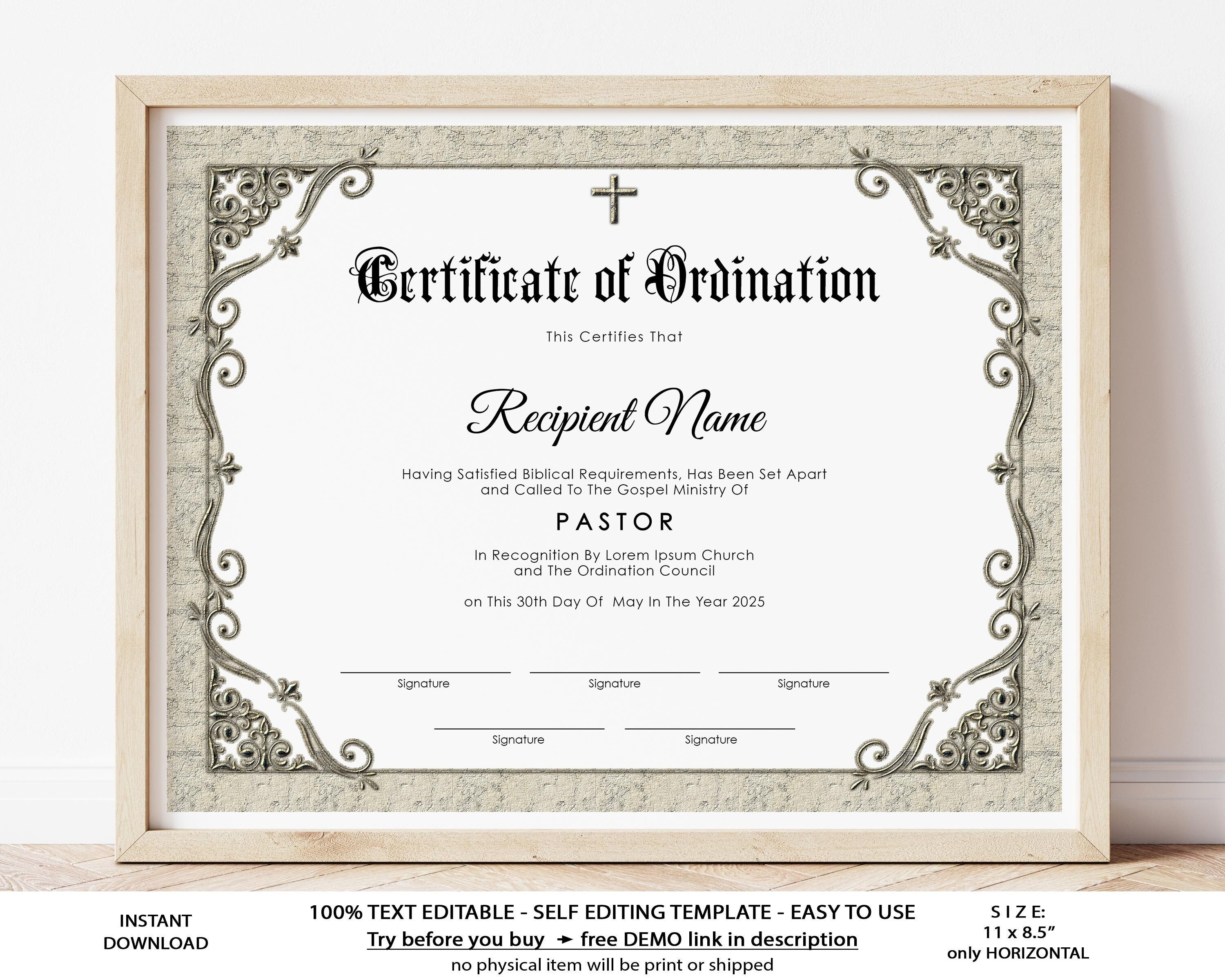 Editable Ordained Minister Certificate Template Printable - Etsy