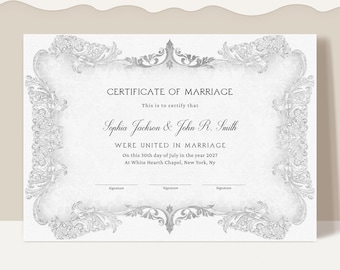 Elegant Marriage Certificate Template Editable Certificate of Marriage Silver Wedding Keepsake Certificate Personalized Gift Download Jet260