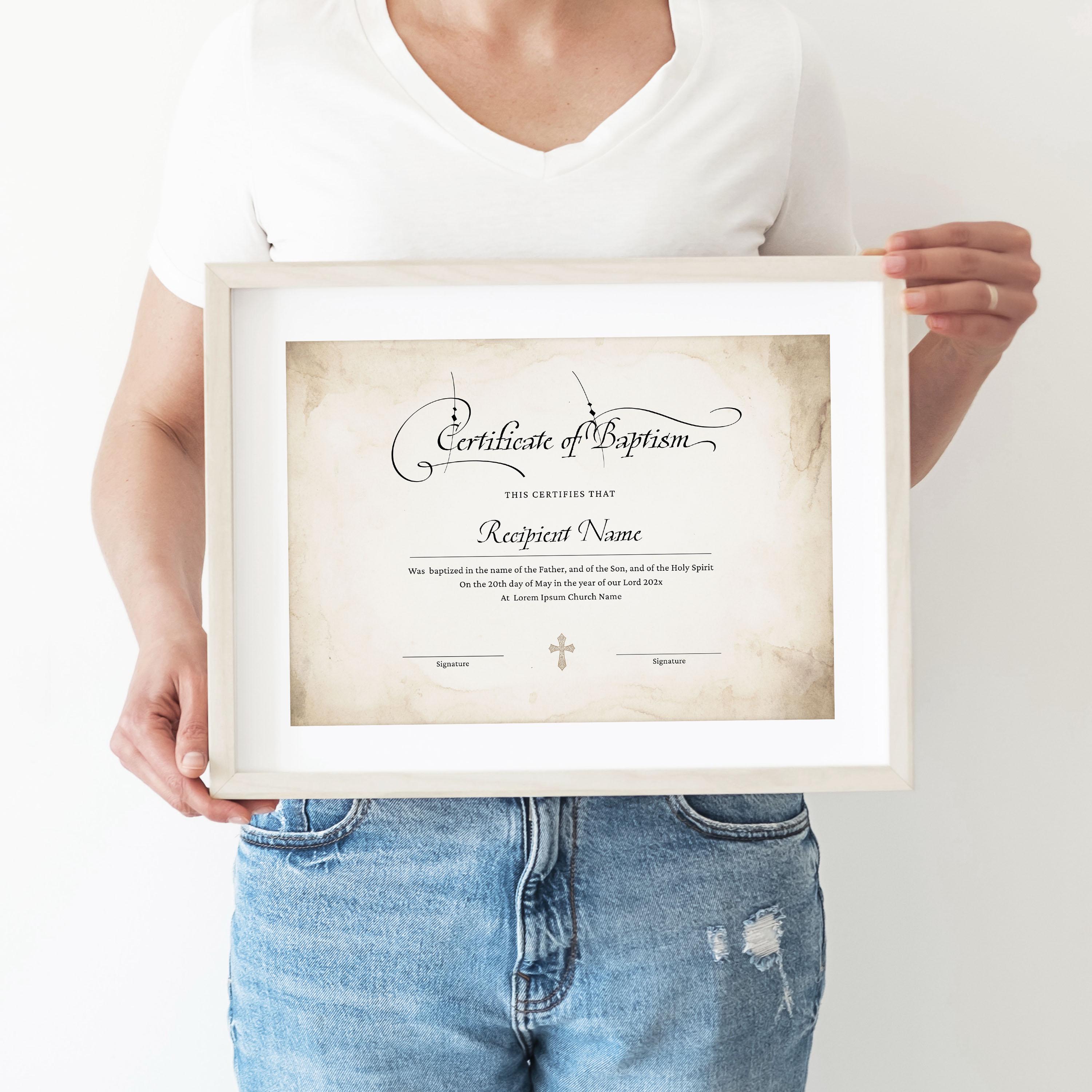 ヴィンテージ洗礼証明書テンプレート、編集可能な洗礼証明書、洗礼式