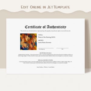 Editable Certificate of Authenticity for Artwork, Authenticity Certificate COA Template, Customize Authenticity Certificate Download Jet184