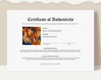 Editable Certificate of Authenticity for Artwork, Authenticity
