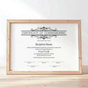 Editable Certificate of Commissioning, Printable Commissioning Certificate Template, Minimalist Church Form Certificates Download Jet021