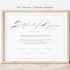 Minimalistische Hochzeitsandenken-Zertifikatsvorlage, bearbeitbare Heiratsurkunde Andenken-Hochzeitsgeschenkgutschein Digitaler Download Jet180