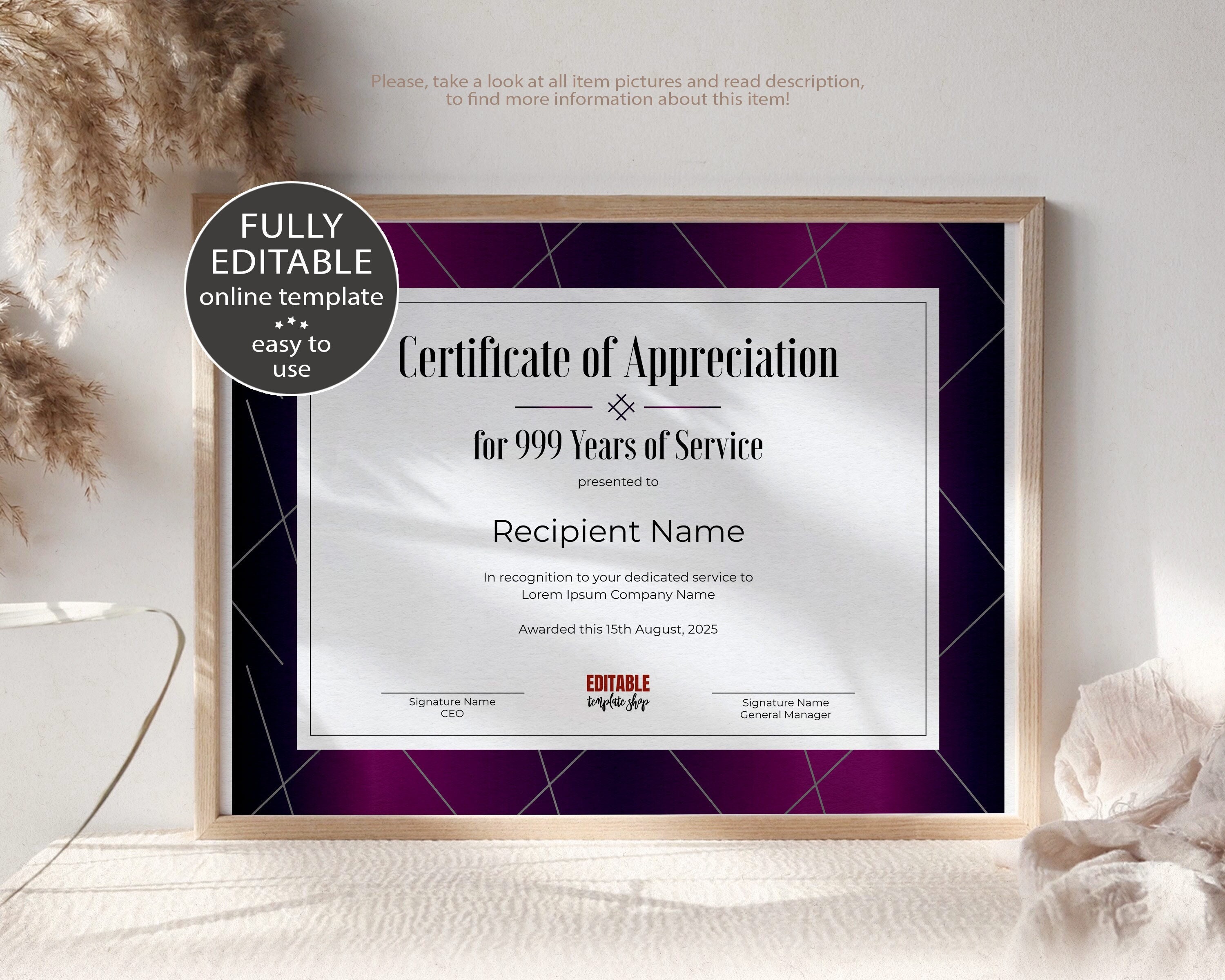22 Years of Service EDITABLE Certificate of Appreciation Template,  Printable Corporate Employee Award, Luxury Certificate Download, Jet22 With Regard To Certificate For Years Of Service Template