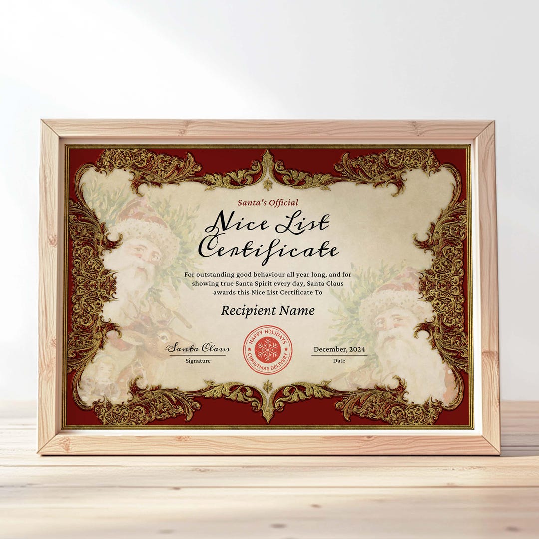 Vintage Santa Claus Nice List Certificate Template Editable Printable ...