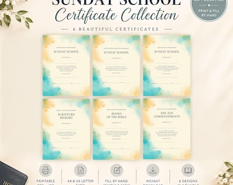Printable Sunday School Certificate Bundle, Bible Achievement Awards, Church Certificates Instant Download