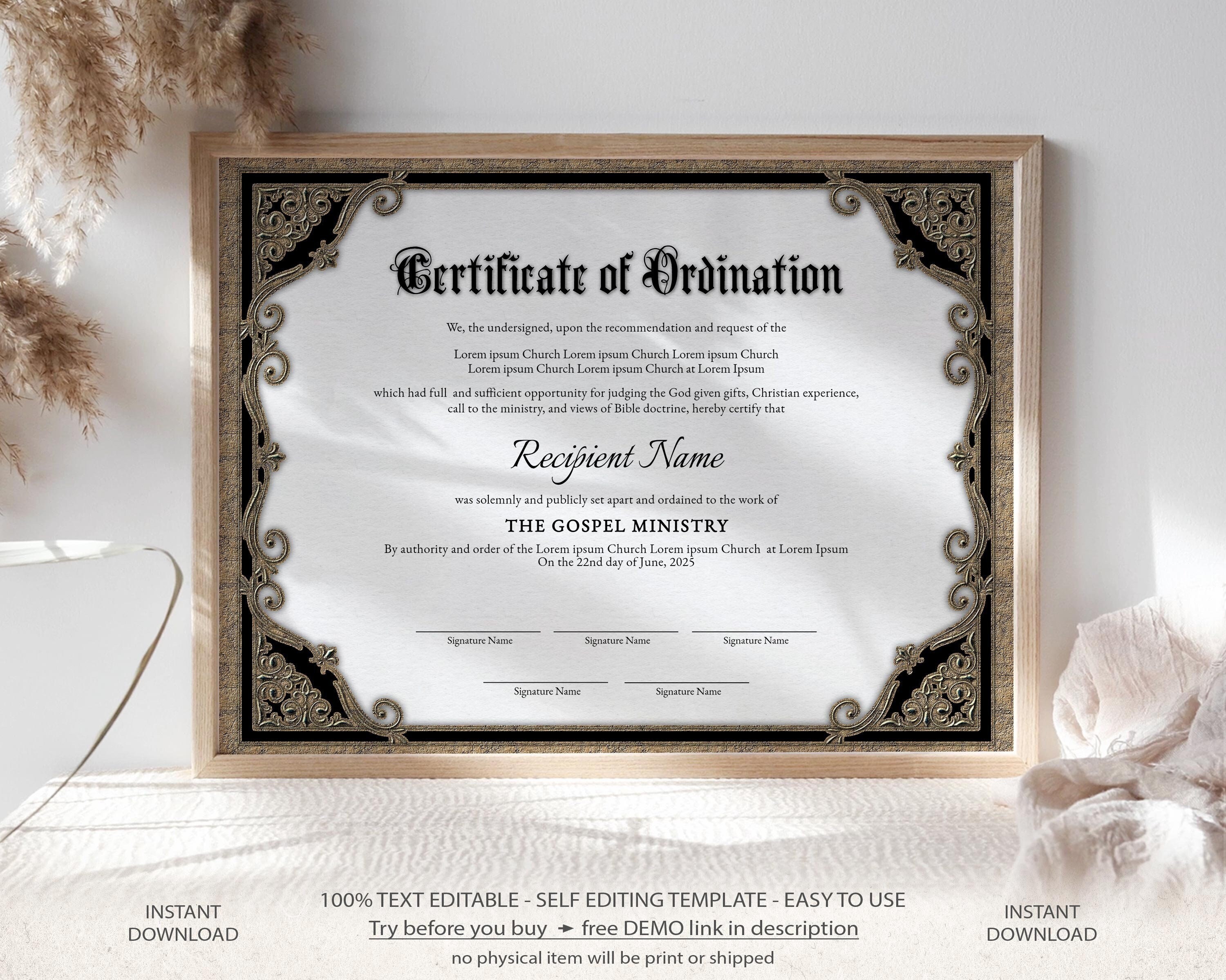 Editable Ordination Certificate Template, Printable Certificate of  Ordination, Credential of Ministry Certificate, Instant Download, Jet25 Regarding Certificate Of Ordination Template