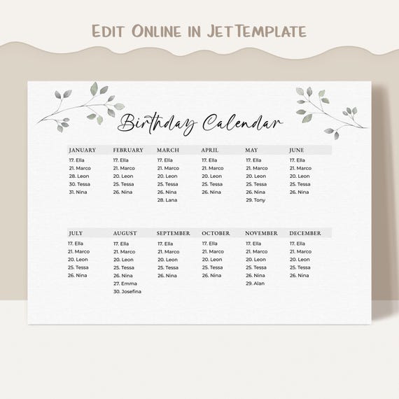 Editable Printable Perpetual Birthday Calendar Minimalist Calendar Reusable Template Birthday Reminder Calendar Greenery Download Jet182