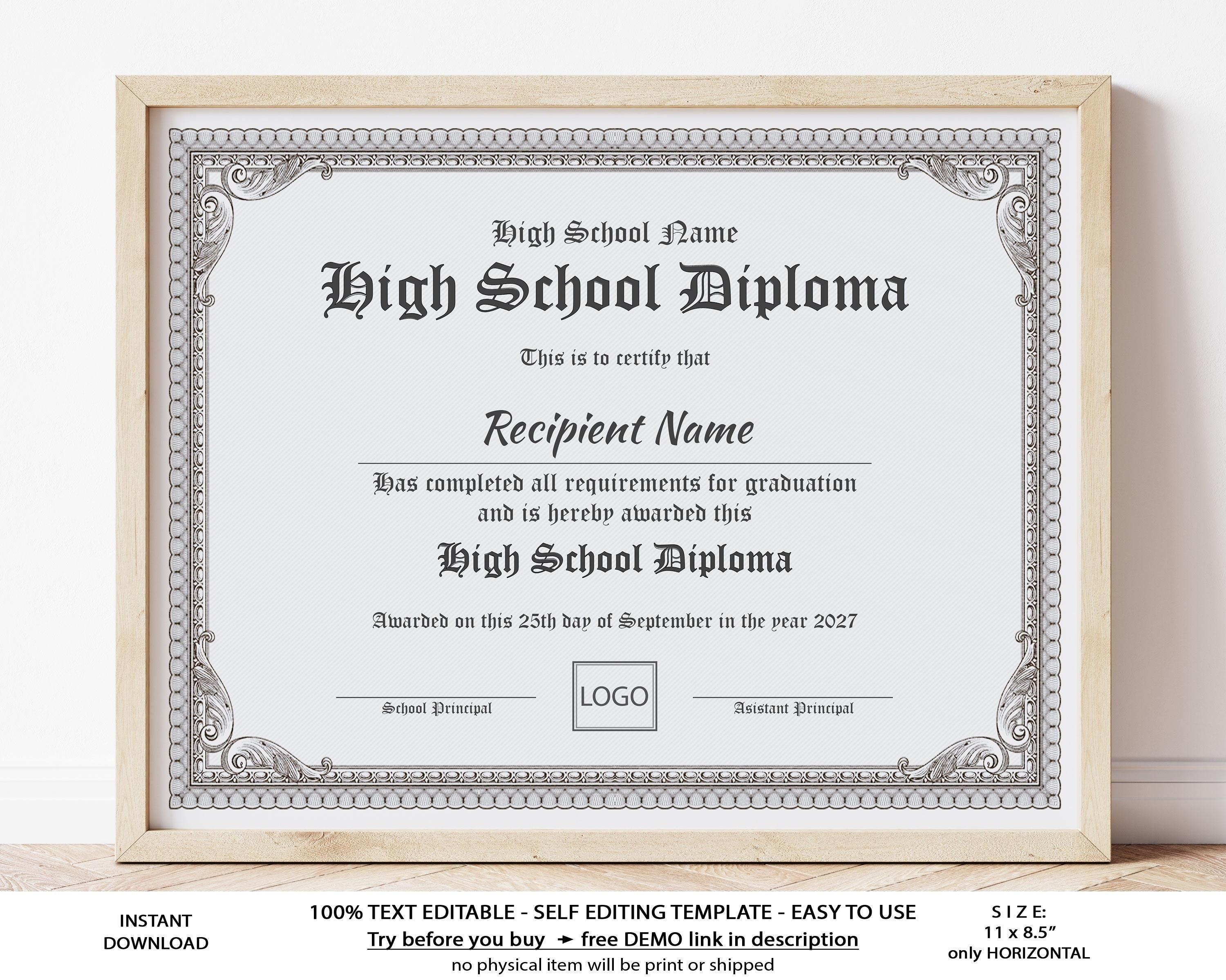 Editable High School Diploma Template, Printable Homeschool Diploma,  Personalized Certificate Gift Graduation Ged Diploma Download Jet21 Regarding Ged Certificate Template